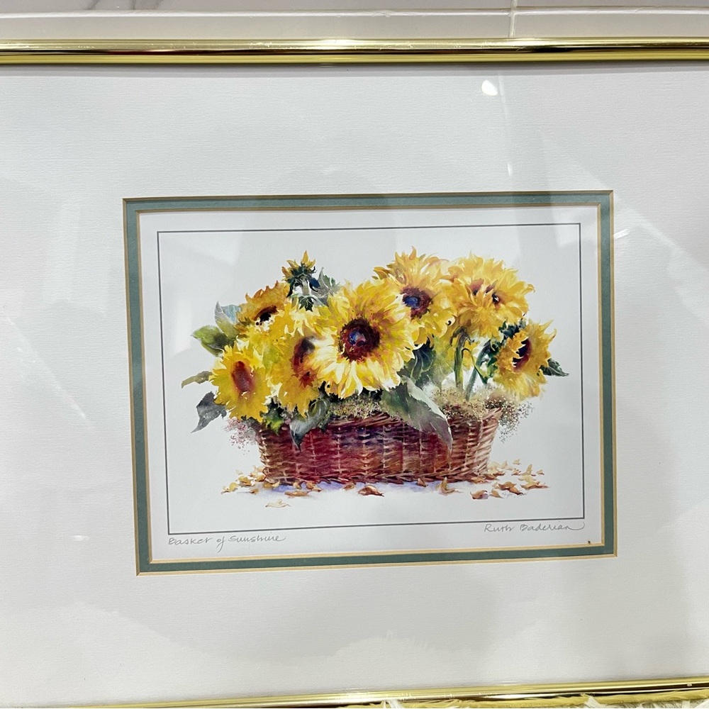 Vintage Framed Print Of Ruth Baderian Signed Watercolor “Basket of Sunshine”